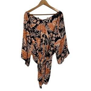 Billabong Womens Kimono Cover Up M Black Orange Floral Rayon Tie Waist